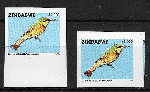 Zimbabwe variety $1000 (x2) imperforated stamps 2007 issue.