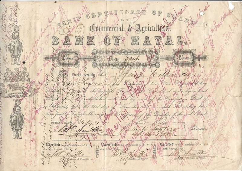 Natal script certificate of Share for 5 pound in the Commercial and Agriculture Bank of Natal.