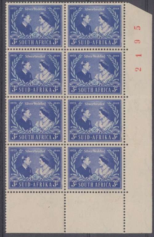 SA UNION 1948 - SG  125, SILVER WEDDING NUMBER BLOCK OF 8 FINE  MINT