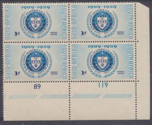 SA UNION  1959 ANNIV OF SA ACADEMY OF SCIENCE  CONTROL BLOCK    MINT