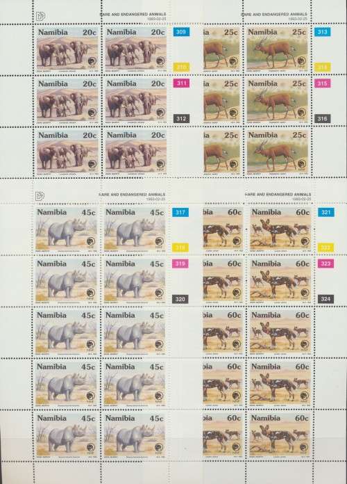 NAMIBIA  -  1993  ENDANGERED ANIMALS  SET OF  FULL SHEETS  - FINE MINT