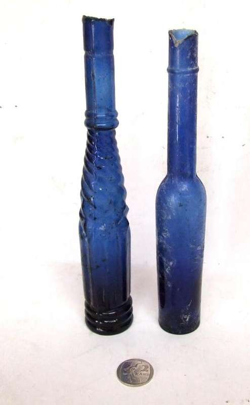 BLUE GLASS: RARE Collection of 2 Sheared Lip bottles in good condition
