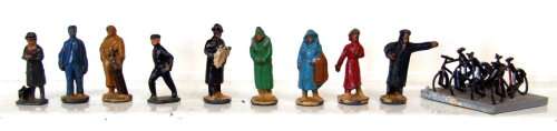 HO SCENERY: 10pc Hand Painted Human Station Figures + bycicles  in good condition.