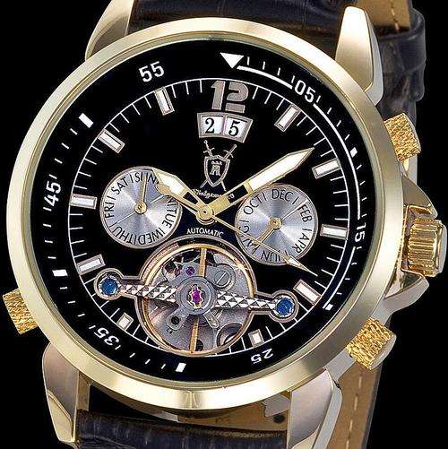 AUTHENTIC KONIGSWERK (Syrus) AUTOMATIC SEE THRU BACK (GLASS) Gold black face leather Multi Function