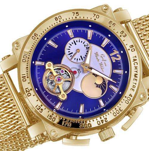 NEW AUTOMATIC GRAF Von MONTE WEHRO "Carson City" Tachymeter Gold/blue Colour Moon Phase