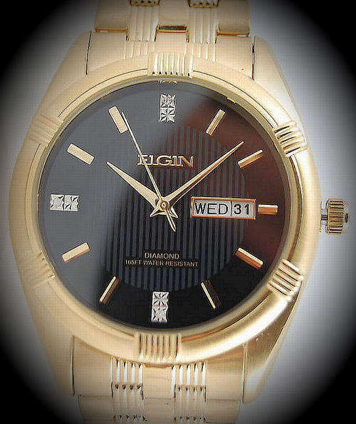 BRAND NEW ELGIN 6 DIAMOND/GOLD  DAY DATE GENTS DRESS WATCH w/resistant 165FT