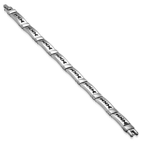 Stainless Steel with Black Rubber Cut-out Arrow Panther Link Fold Over H Clasp Closure Bracelet