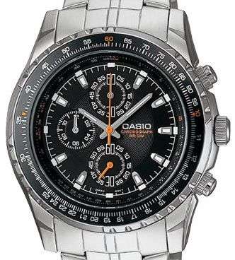 *CASIO CHRONOGRAPH* STAINLESS STEEL, 50M WR,  3 HAND ANALOG, SLIDE RULE BEZEL, AVIATOR WATCH