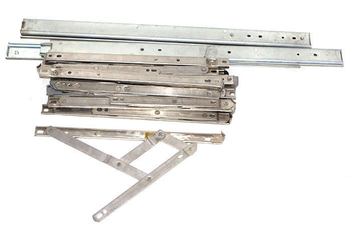 13 stainless steel window supports and a pair of cabinet runners