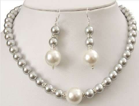 Grey and white sea shell pearl necklace and earing set