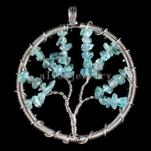 Aquamarine chip wire wrapped tree of life pendant
