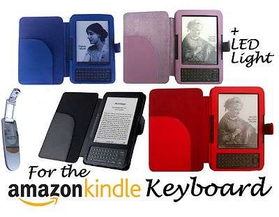 AMAZON KINDLE 3 KEYBOARD MODEL LEATHER CASE COVER WALLET + SUPER LED LIGHT