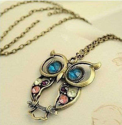 Vintage  beaded Owl Carved Hollow Chain rhinestone Necklace