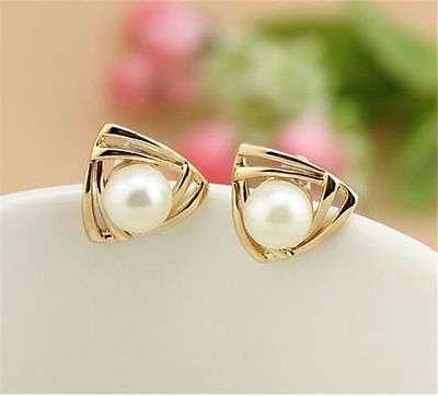 Women's triangle Stud Earrings Gold Filled White Freshwater Pearl