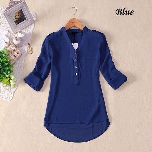 ***NEW STOCK**  Women Spring Summer V-neck Chiffon Long Sleeve Casual elegant Shirt Blouse blue