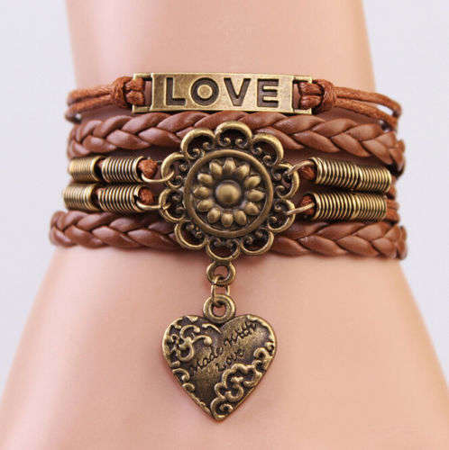 ***NEW STOCK**  Infinity LOVE Heart Flower Friendship Antique Copper Leather Charm Bracelet