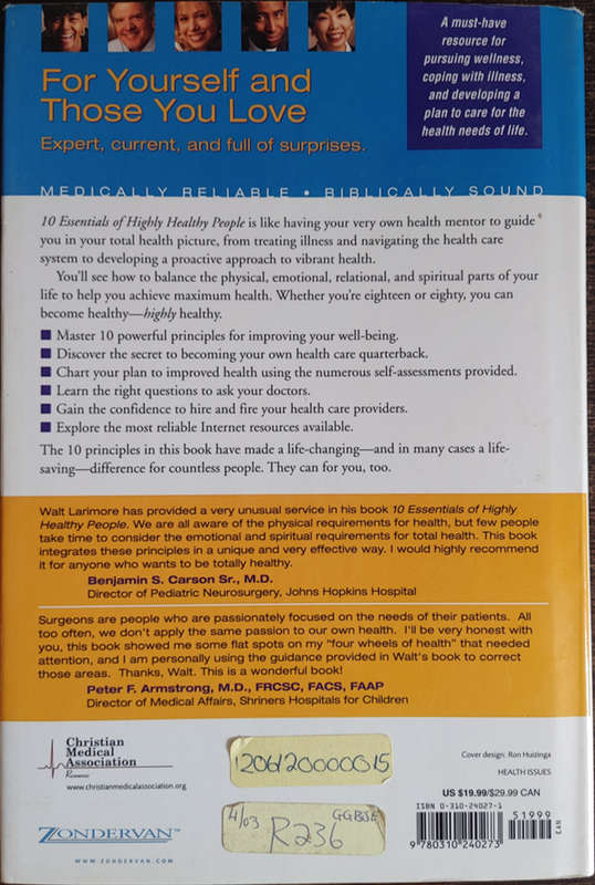 10 Essentials of Highly Healthy People by Walter L. Larimore - HARD COVER