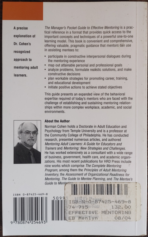 The Manager`s Pocket Guide to Effective Mentoring by Dr. Norman Cohen - SOFT COVER