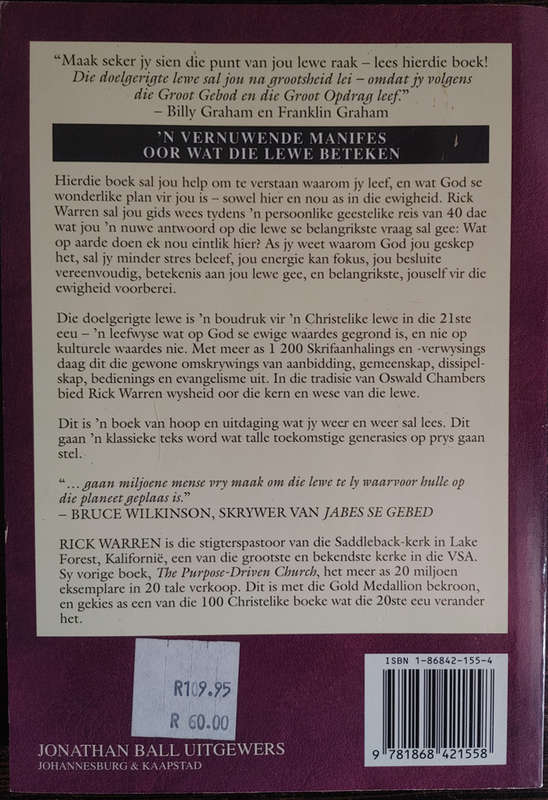 Die Doelgerigte Lewe by Rick Warren - SOFT COVER