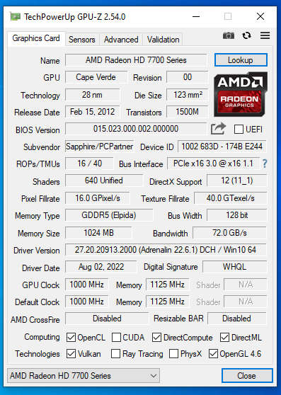 AMD Radeon HD 7770 Vram 1GB GDDR5 Support for DirectX 12
