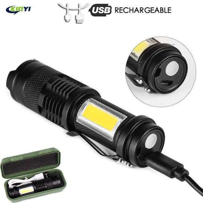 Mini Alloy USB Rechargeable Torch Flashlight with Zoom & Side Light - 100mm
