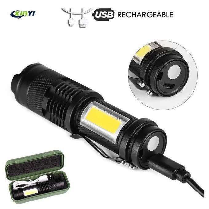 Medium Alloy USB Rechargeable Torch Flashlight with Zoom & Side Light - 150mm