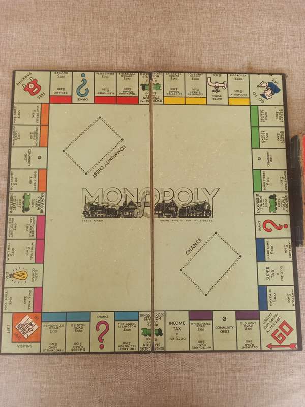 Vintage Monopoly - British - original board , rules , cards +/- 1936 (patent pending)
