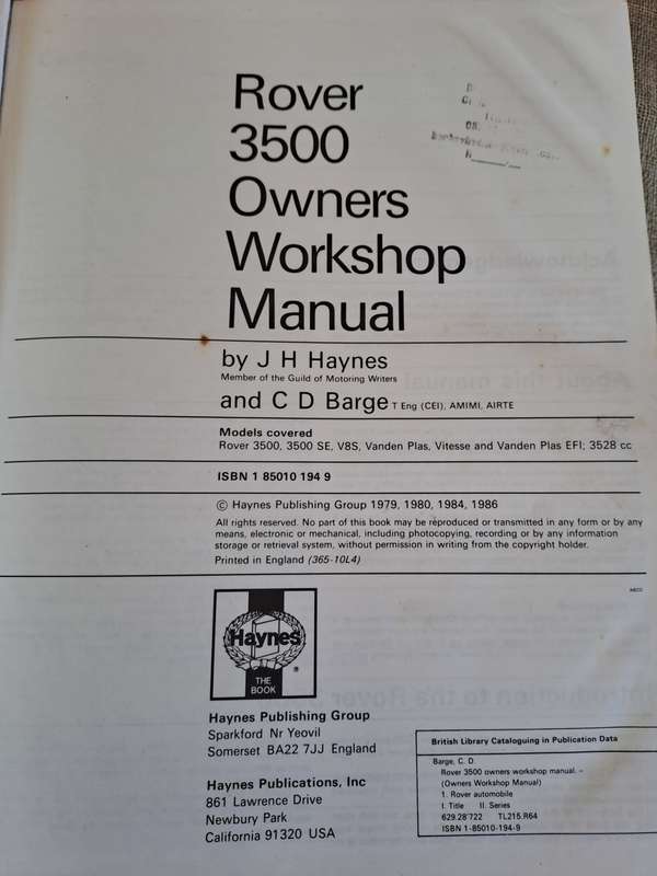 Rover 3500 V8  1976 to 1985 Owners Workshop Manual - Haynes