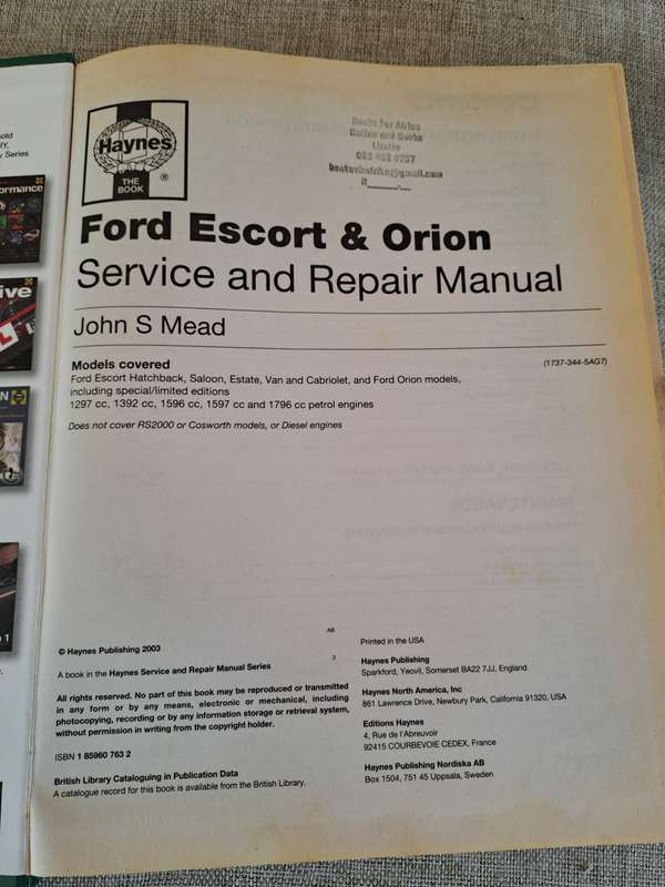 Ford Escort & Orion Sept 1990 to 2000 Petrol Service and Repair Manual - Haynes