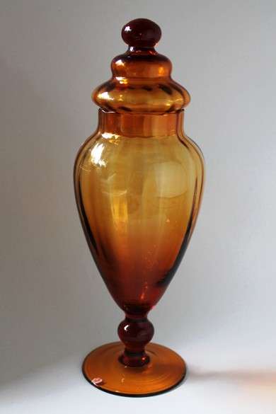 VINTAGE AMBER GLASS DECORATIVE CONTAINER / VASE WITH LID