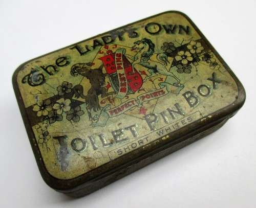 ANTIQUE `THE LAYDYS OWN TOILET PIN BOX` TIN