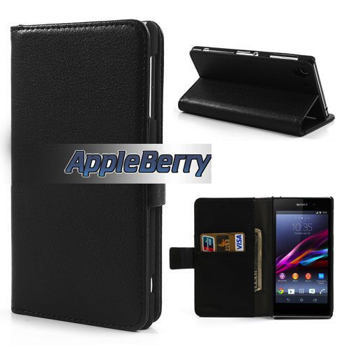Wallet Stand Case For Sony Xperia Z1 L39h (Black) + FREE SCREEN GUARD