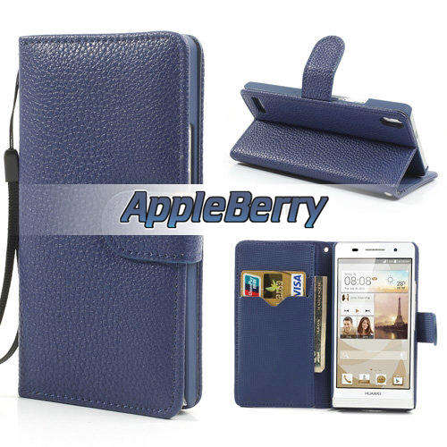 Wallet Stand Case For Huawei Ascend P6 (Blue) + FREE SCREEN GUARD