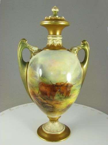 ROYAL WORCESTER 1913:  Fantastic 'H Stinton' 'Highland Cattle' Two Handled Vase and Cover!