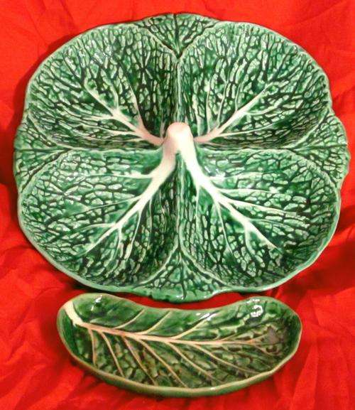 BEAUTIFUL MAJOLICA CABBAGE LEAF SERVER AND VINTAGE BOWL MADE IN PORTUGAL