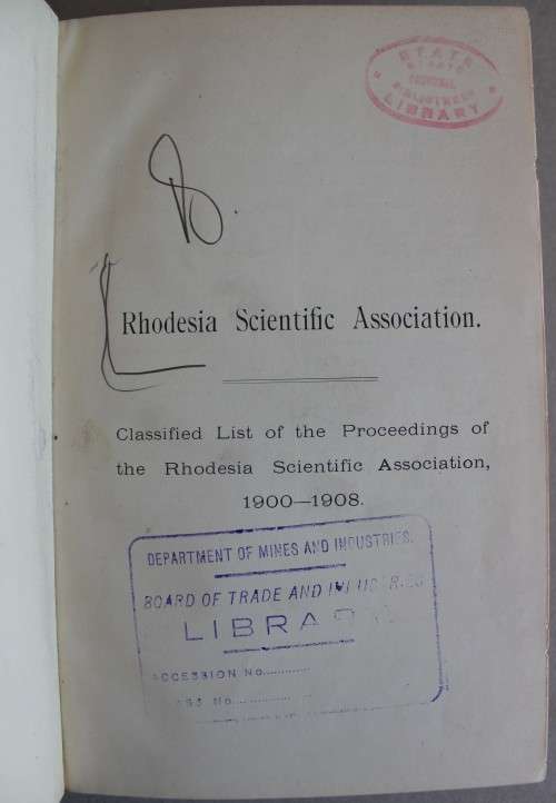 Rhodesia Scientific Association Classified List of the Proceedings of the Rhodesia Scientific Assoc