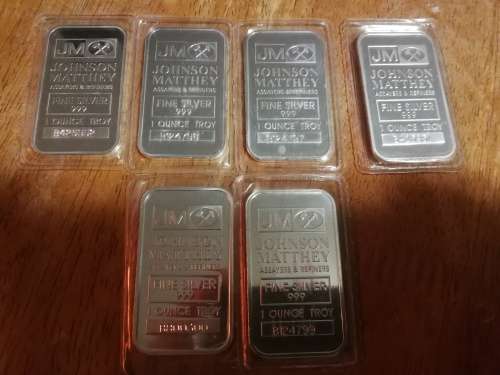 1 Lot of 6 Johnson Matthey Silver Bars