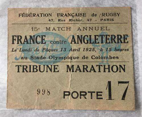 1925 RARE ORIGINAL RUGBY MATCH TICKET FRANCE vs ENGLAND, Paris Colombes Stadium