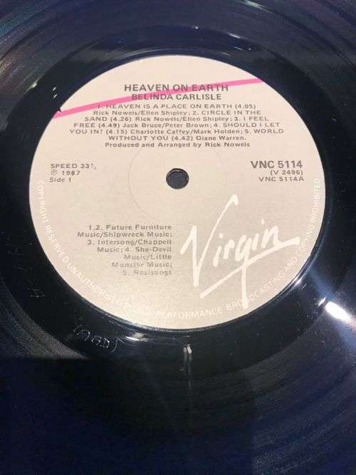 BELINDA CARLISLE - NM COPY - HEAVEN ON EARTH (LP) VIRGIN LABEL SA PRESS