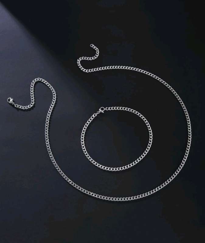 1set Men`s Fashionable Hip Hop Simple Chain Bracelet And Necklace Stainless Steel Jewelry Set