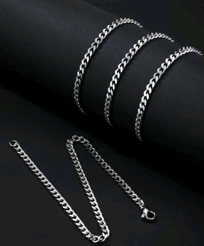 1set Men`s Fashionable Hip Hop Simple Chain Bracelet And Necklace Stainless Steel Jewelry Set