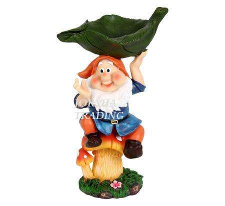 Orn Gnome Poly 28cm W/Leaf Water-Catcher