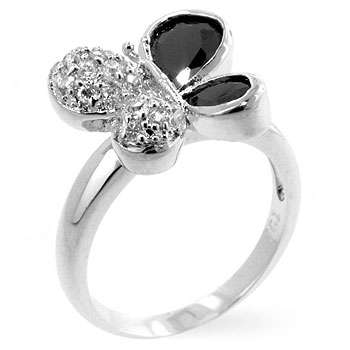 Pave set clear cz and onyx stones on a White gold rhodium bond ring Size 5