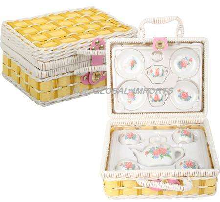 TEA SET PORCELAIN 13 PCE IN RATTAN BASKET
