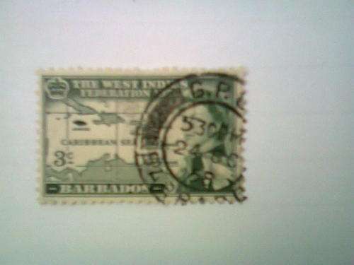 Barbados 1958 QE II. British Caribbean Federation. 3c green used with faint hinge mark