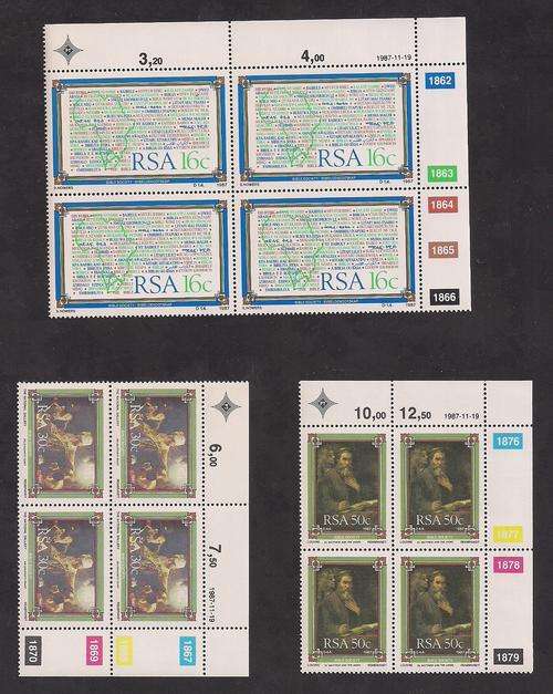RSA 1987 BIBLE SOCIETY SET OF 3 MNH CONTROL BLOCKS OF 4