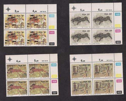 RSA 1987  Rock Paintings - set of 4 control blocks of 4 MNH