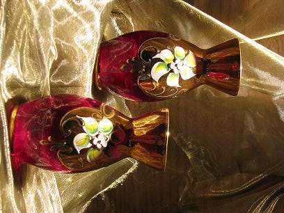 PAIR OF SMALL  RED MURANO VASES WITH GOLD : WITH ORIGINAL LABEL