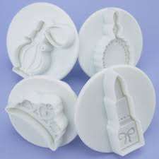 cupcake fondant plunger Cookie cutter. lipstick, perfume, crown, mirror, Pamper