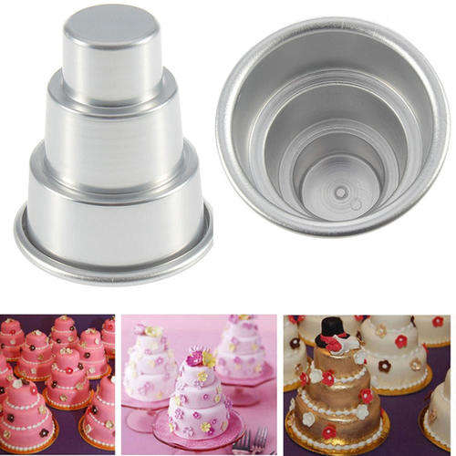 Mini 3 tier cake pan. Height 8cm, Inside diameter of bottom 6cm. Inside diameter of top 2.5cm.